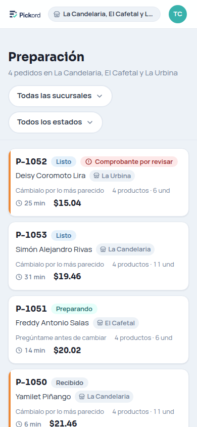 Panel de Pickord en un teléfono, con la cola de pedidos en preparación y el estado de cada uno